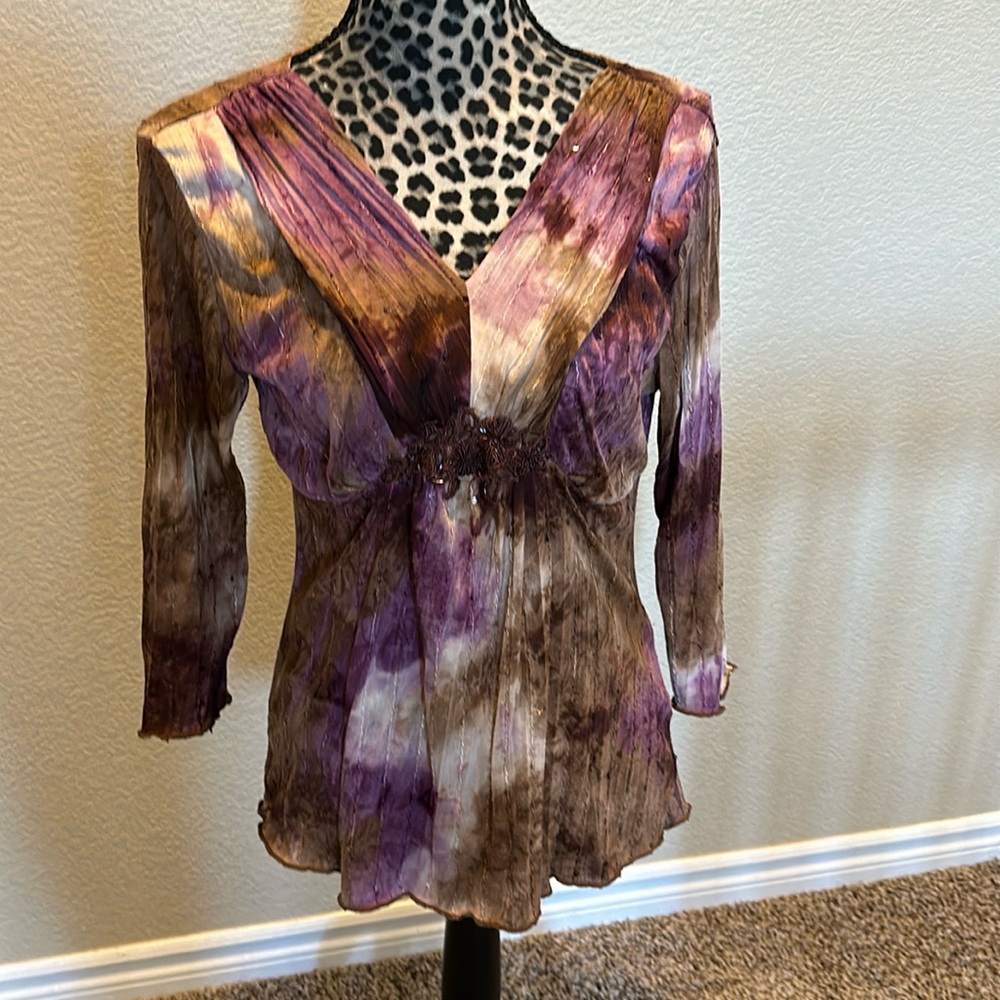 Women’s 3/4 sleeve top, tie dye, sequins/embroidery embellishments, vintage, S